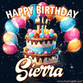 Hand-drawn happy birthday cake adorned with an arch of colorful balloons - name GIF for Sierra