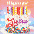 Personalized for Sierra elegant birthday cake adorned with rainbow sprinkles, colorful candles and glitter