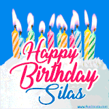 A cheerful animated GIF featuring colorful lit birthday candles on a white cake, with the text 'Happy Birthday Silas' in bold red and blue script on a bright blue background.
