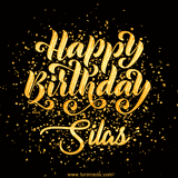 Animated GIF with colorful, festive 'Happy Birthday Silas' text decorated with patterns, a party hat, and falling confetti. A vibrant and cheerful design for birthday celebrations.