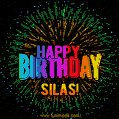A colorful animated GIF featuring the text 'Happy Birthday Silas!' in rainbow colors with a dynamic iridescent firework display in the background.