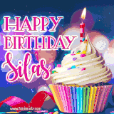A festive animated GIF featuring a colorful cupcake with a single lit candle, sprinkles, and 'Happy Birthday Silas' text against a sparkling, celebratory background.