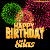 A captivating GIF with bursts of green, pink, and orange fireworks lighting up the night sky, accompanied by 'Happy Birthday Silas' in glowing golden text.