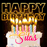 A vibrant animated GIF featuring a delicious birthday cake topped with glowing candles and the name 'Silas' in elegant script, and the words 'Happy Birthday' on the black background.