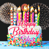 A lively happy birthday animated GIF showcasing a colorful birthday cake covered in sprinkles, topped with glowing candles, and surrounded by vibrant fireworks. The name 'Silas' is featured in elegant script.