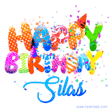 Animated GIF with colorful, festive 'Happy Birthday Silas' text decorated with patterns, a party hat, and falling confetti. A vibrant and cheerful design for birthday celebrations.