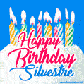 Happy Birthday GIF for Silvestre with Birthday Cake and Lit Candles