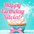 Happy Birthday Silvia! Elegang Sparkling Cupcake GIF Image.