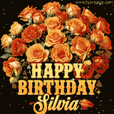 Animated bouquet of orange roses with moving butterfles and golden 'Happy Birthday Silvia' text, surrounded by sparkling accents and a dark backdrop for a luxurious feel.