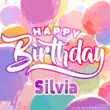 A vibrant name GIF featuring colorful balloons in shades of pink, orange, and yellow with the bold text 'Happy Birthday Silvia' in festive fonts, creating a lively birthday vibe.