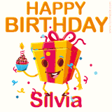 A vibrant and funny gift box character with a happy face dancing with a cupcake and the text 'Happy Birthday Silvia,' surrounded by animated confetti and party vibes.