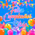 A vibrant animated GIF with 'Feliz Cumpleaños Silvio' written in colorful script, surrounded by balloons, confetti, and bunting on a bright blue background.