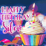 A festive animated GIF featuring a colorful cupcake with a single lit candle, sprinkles, and 'Happy Birthday Silvio' text against a sparkling, celebratory background.