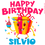 A funny animated birthday GIF with the words 'Happy Birthday Silvioa', colorful gift box with arms and legs, holding a cupcake with a lit candle  with confetti everywhere.