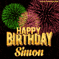 Wishing You A Happy Birthday, Simon! Best fireworks GIF animated greeting card.