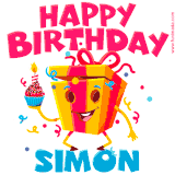 A funny animated birthday GIF with the words 'Happy Birthday Simona', colorful gift box with arms and legs, holding a cupcake with a lit candle with confetti everywhere.