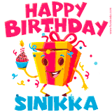 A vibrant and funny gift box character with a happy face dancing with a cupcake and the text 'Happy Birthday Sinikka,' surrounded by animated confetti and party vibes.