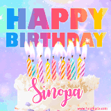A vibrant animated name GIF with the words 'Happy Birthday Sinopa' with colorful candles on a creamy cake. The background sparkles with pastel shades, adding a festive touch.