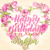 A stunning heart made of pink roses surrounds the elegant script text 'Happy Birthday Sinopa' on a soft beige background. Animated sparkles add a magical and festive feel.