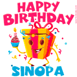 A vibrant and funny gift box character with a happy face dancing with a cupcake and the text 'Happy Birthday Sinopa,' surrounded by animated confetti and party vibes.