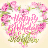 A stunning heart made of pink roses surrounds the elegant script text 'Happy Birthday Siobhan' on a soft beige background. Animated sparkles add a magical and festive feel.