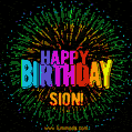 A colorful animated GIF featuring the text 'Happy Birthday Sion!' in rainbow colors with a dynamic iridescent firework display in the background.