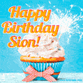 A cheerful animated GIF of a cupcake with creamy frosting, a red checkered ribbon, and a bright sparkler on top. The text 'Happy Birthday Sion!' is displayed in vibrant orange and red.