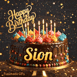 Festive chocolate cake GIF with the name Sion written on the dark glaze under flickering candles.