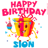 A funny animated birthday GIF with the words 'Happy Birthday Siona', colorful gift box with arms and legs, holding a cupcake with a lit candle  with confetti everywhere.