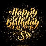 Animated GIF with colorful, festive 'Happy Birthday Sir' text decorated with patterns, a party hat, and falling confetti. A vibrant and cheerful design for birthday celebrations.