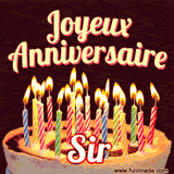 A Happy Birthday GIF in French featuring a festive birthday cake adorned with bright candles and the glowing text 'Joyeux Anniversaire Sir' in a cheerful style.
