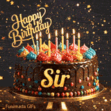 A customized birthday ecard for Sir displaying a rich chocolate cake with a sparkly dark background.