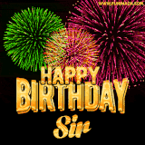 A captivating GIF with bursts of green, pink, and orange fireworks lighting up the night sky, accompanied by 'Happy Birthday Sir' in glowing golden text.