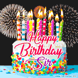 A lively happy birthday animated GIF showcasing a colorful birthday cake covered in sprinkles, topped with glowing candles, and surrounded by vibrant fireworks. The name 'Sir' is featured in elegant script.