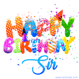 Animated GIF with colorful, festive 'Happy Birthday Sir' text decorated with patterns, a party hat, and falling confetti. A vibrant and cheerful design for birthday celebrations.