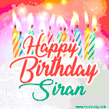 Bright birthday candles with rainbow flames on a cake, alongside the text 'Happy Birthday Siran' in vibrant script in this celebratory animated GIF.
