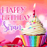 A vibrant birthday GIF featuring a rainbow-colored cupcake topped with white frosting, sprinkles, and a lit candle. The text reads 'Happy Birthday Siran' in bold pink and violet letters with white outline.