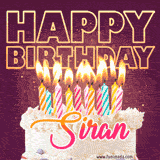 A colorful birthday cake topped with lit candles, with the words 'Happy Birthday Siran' in bold glowing letters on a burgundy background. Animated flames add a festive touch.