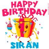 A vibrant and funny gift box character with a happy face dancing with a cupcake and the text 'Happy Birthday Siran,' surrounded by animated confetti and party vibes.