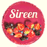 Beautifully decorated red velvet berry birthday cake with vibrant fruits and a glowing 'Sireen' name, adding a touch of sweetness and sparkle.