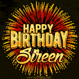 Golden 'Happy Birthday Sireen' text accompanied by animated rainbow fireworks for a festive animated greeting.