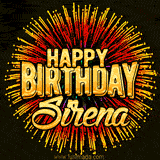 Golden 'Happy Birthday Sirena' text accompanied by animated rainbow fireworks for a festive animated greeting.