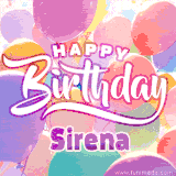 A vibrant name GIF featuring colorful balloons in shades of pink, orange, and yellow with the bold text 'Happy Birthday Sirena' in festive fonts, creating a lively birthday vibe.