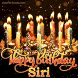 A glowing personalized birthday GIF with name Siri featuring lit candles with intricate designs, warm lighting, and the text 'Happy Birthday' in an elegant font.