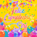 A bright and festive GIF with the text 'Feliz Cumpleaños Siri' in Spanish in colorful fonts, surrounded by confetti, balloons, and festive banners on a vibrant yellow background.