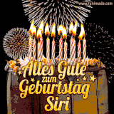 A chocolate birthday cake with glowing candles, the German text 'Alles Gute zum Geburtstag Siri,' and vibrant fireworks lighting up the background in an animated GIF.