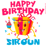 A vibrant and funny gift box character with a happy face dancing with a cupcake and the text 'Happy Birthday Siroun,' surrounded by animated confetti and party vibes.