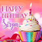 A vibrant birthday GIF featuring a rainbow-colored cupcake topped with white frosting, sprinkles, and a lit candle. The text reads 'Happy Birthday Sirpa' in bold pink and violet letters with white outline.
