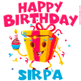 A vibrant and funny gift box character with a happy face dancing with a cupcake and the text 'Happy Birthday Sirpa,' surrounded by animated confetti and party vibes.