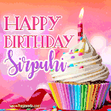 A vibrant birthday GIF featuring a rainbow-colored cupcake topped with white frosting, sprinkles, and a lit candle. The text reads 'Happy Birthday Sirpuhi' in bold pink and violet letters with white outline.